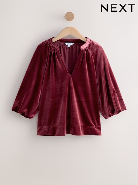 Brusnično rdeča - Velvet Volume Sleeve V-Neck Blouse (F72132) | € 52