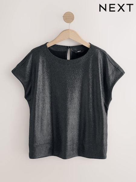 Black Metallic Lame Short Sleeve Boxy T-Shirt (F72134) | R$ 220