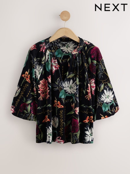Black Kew Floral Print Velvet Volume Sleeve V-Neck Blouse (F72136) | €65