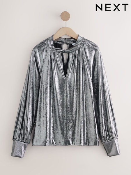 Silver Long Sleeve Twist Neck Metallic Lame Blouse (F72157) | R$ 350