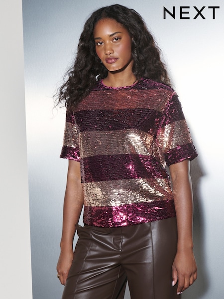Berry Red/Gold Stripe Sequin Boxy Crew Neck T-Shirt (F72159) | R$ 390