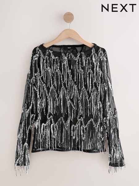 Silver Sequin Tassle Long Sleeve Slash Neck Top (F72161) | €58