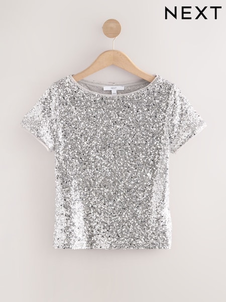 Silver Short Sleeve Slash Neck Sequin T-Shirt (F72163) | R$ 220