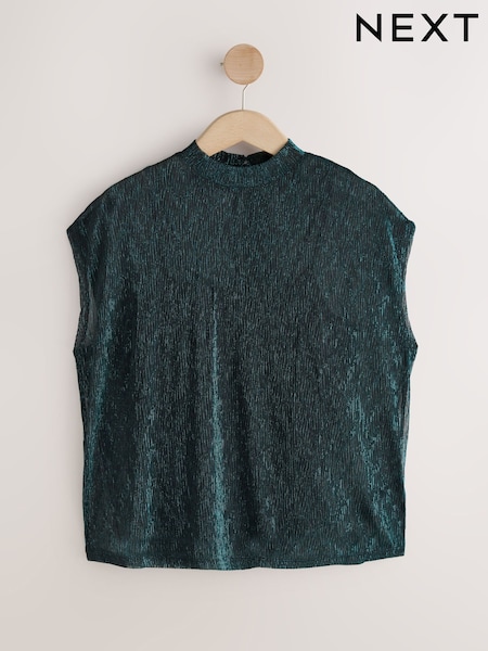 Green Metallic Sparkle Sheer Layer Cap Sleeve Top (F72177) | AED76