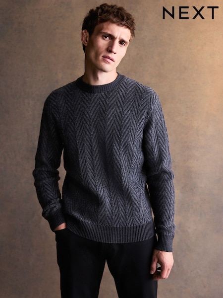 Charcoal Grey Regular Fit Herringbone Knit Crew Neck Jumper (F72217) | AED166