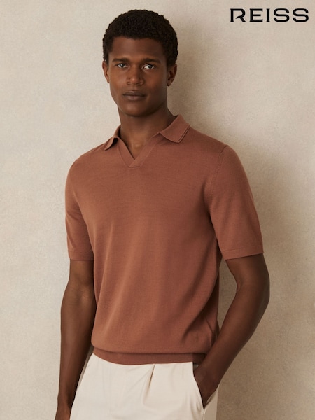Reiss Cinnamon Brown Duchie Merino Wool Open-Collar Polo Shirt (F72421) | €125