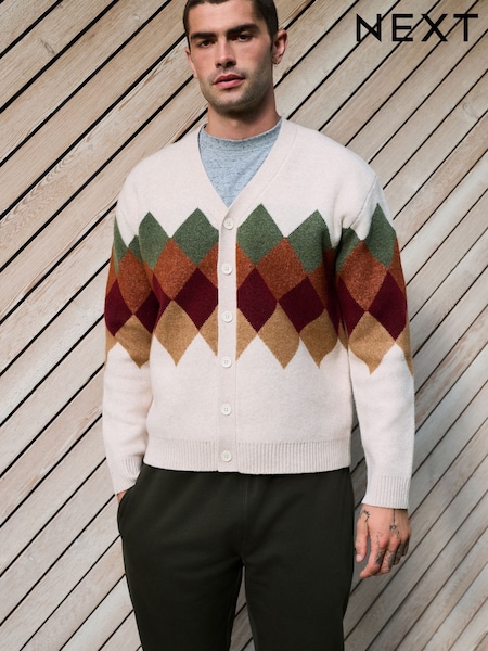 Oatmeal Multi Relaxed Fit Argyle Cardigan with Wool (F72530) | €45