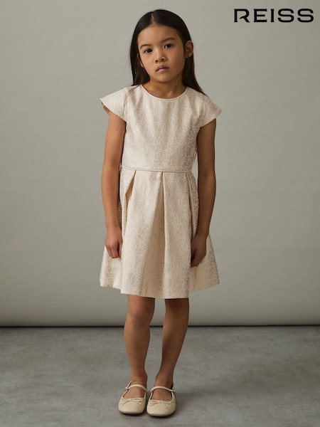 Reiss Ivory Nia 9-13 yrs Brocade Cap-Sleeve Pleated Dress (F72825) | €95