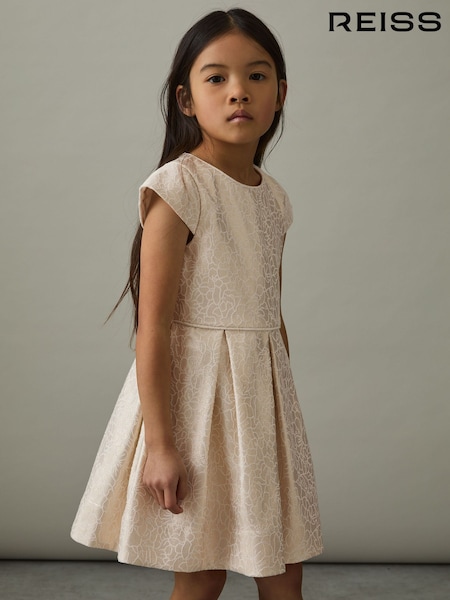 Reiss Ivory Nia 4-9 yrs Brocade Cap-Sleeve Pleated Dress (F72837) | 441 QAR