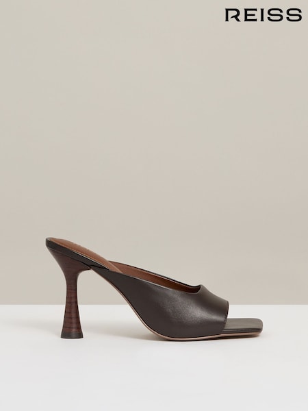 Reiss Chocolate Justine Leather Heeled Mules (F72838) | €227