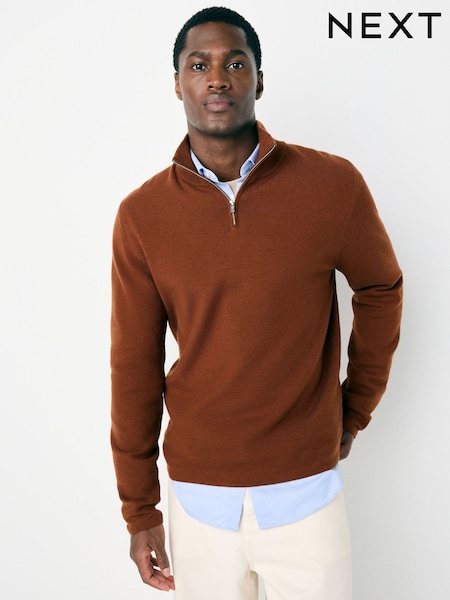 Rust Brown Regular Fit Premium Mid Weight Zip Neck Jumper (F72873) | €44