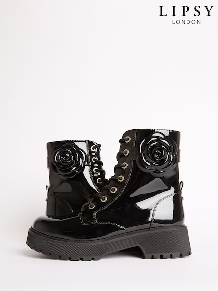 Lipsy Black Faux Leather Patent Lace Up Chunky Boots with Corsage (F72923) | €51 - €57