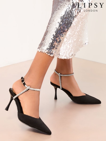 Lipsy Black Wide Fit Faux Suede Embellished 2 part Mid Heel Party Courts (F72944) | €69