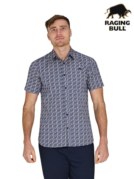 Raging Bull Blue Short Sleeve Tropical Palm 100% Cotton Poplin Shirt (F73097) | R$ 640 - R$ 740