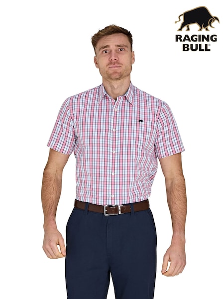 Raging Bull Pink Short Sleeve Large Check 100% Cotton Poplin Shirt (F73102) | €86 - €99