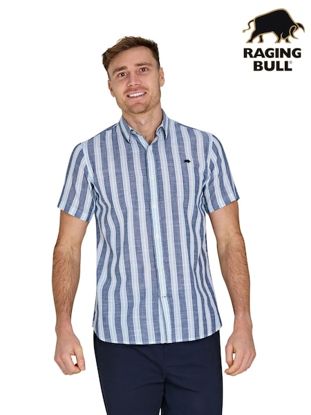 Raging Bull Blue Short Sleeve Deck Stripe 100% Cotton Linen Look Shirt (F73111) | €93 - €107