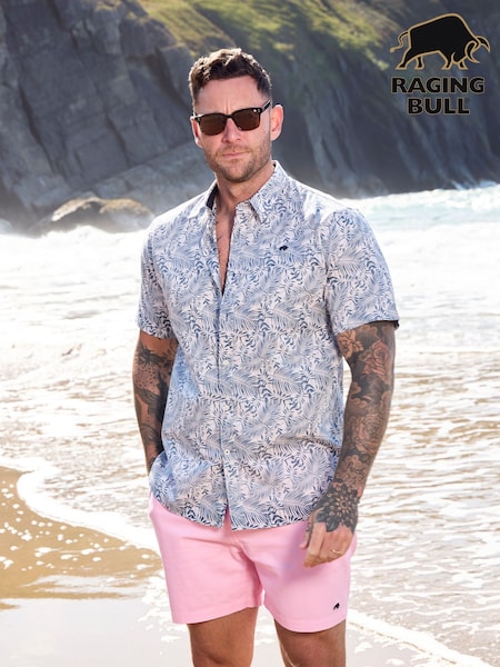 Raging Bull Blue Short Sleeve Large Palm Reverse Print 100% Cotton Poplin Shirt (F73113) | €86 - €99