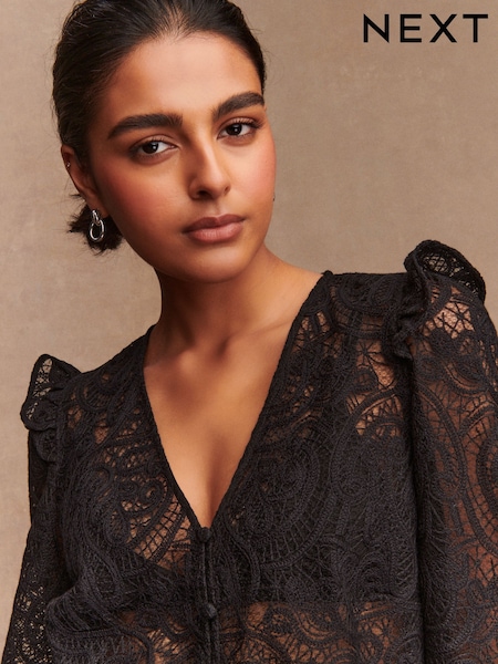 Black Paisley Lace V-Neck Blouse (F73229) | 180 QAR