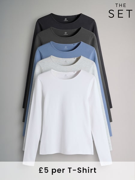 The Set Navy Blue/Light Blue/Charcoal Grey/Grey Marl/White 5 Pack Long Sleeve Crew Neck T-Shirts (F73241) | € 29