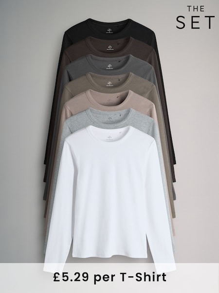 The Set Black/White/Grey Marl/Charcoal/Brown/Taupe Brown 7 Pack Long Sleeve Ribbed T-Shirts (F73243) | €49