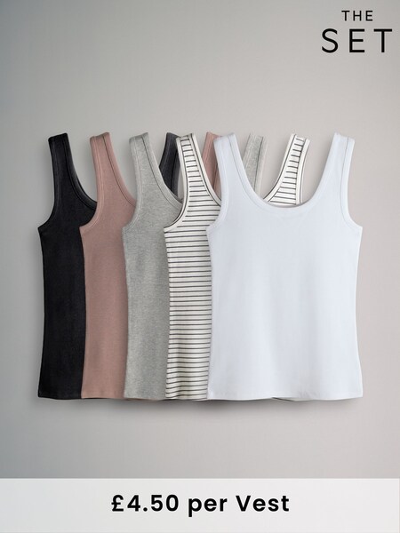The Set Black/White/Grey Marl/Dusty Pink/Stripe 5 Pack Ribbed Scoop Neck Vests (F73247) | R$ 235