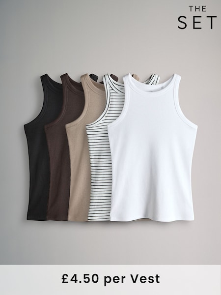 The Set Black/Chocolate Brown/Taupe Brown/Stipe/White 5 Pack Ribbed Racer Vests (F73249) | €28