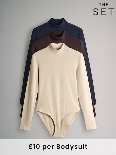 The Set Navy Blue/Chocolate Brown/Cream 3 Pack Long Sleeve Ribbed High Neck Bodysuits (F73250) | AED175