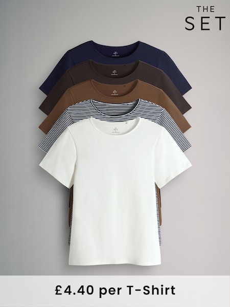 The Set Navy/Chocolate Brown/Brown/Stripe/White 5 Pack Short Sleeve Fitted Crew Neck T-Shirts (F73252) | € 26