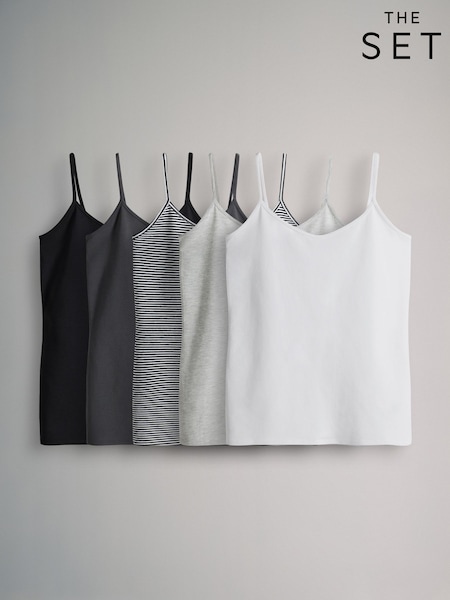 The Set Black/Grey/Stripe/Light Grey Marl/White 5 Pack Thin Strap Vest Tops (F73255) | €24