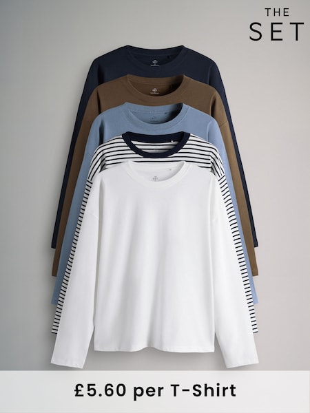 The Set Navy/White/Brown/Light Blue/Stripe 5 Pack Long Sleeve Relaxed T-Shirts (F73256) | SGD 54