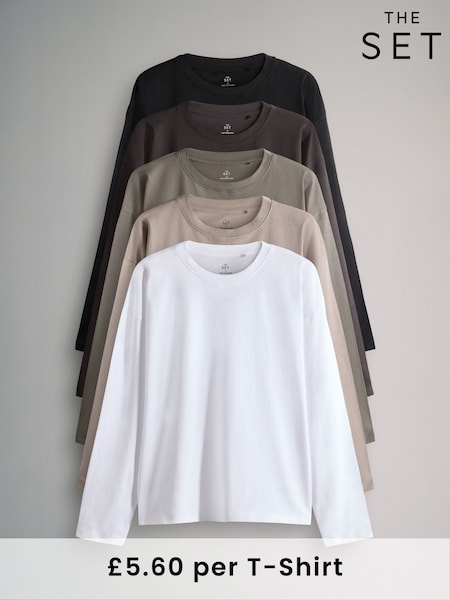 The Set Black/Chocolate Brown/Taupe Brown/Neutral/White 5 Pack Long Sleeve Relaxed T-Shirts (F73265) | €35
