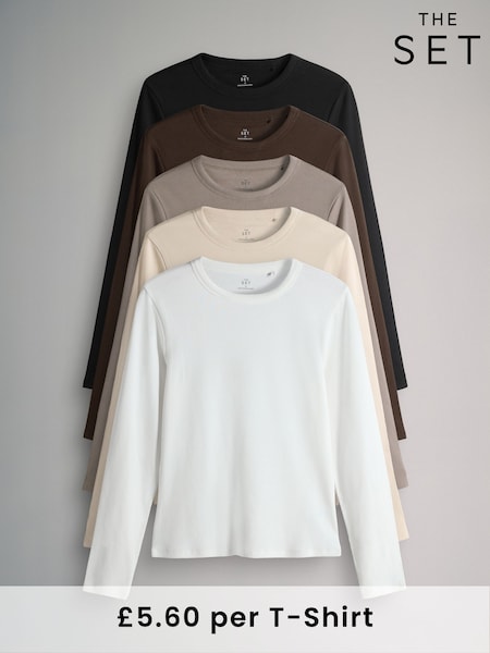 The Set Black/Chocolate Brown/Taupe Brown/Nude/White 5 Pack Long Sleeve Rib T-Shirts (F73266) | €37