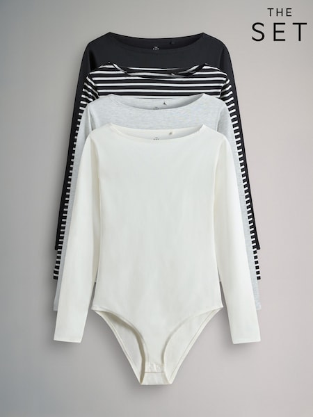 The Set Black/Grey/Stripe/Cream Boat Neck Long Sleeve Bodysuits 4 Pack (F73270) | AED210