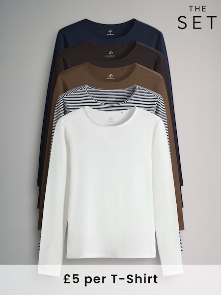 The Set Cream/Navy/Light Blue/Brown/Chocolate Brown 5 Pack Long Sleeve Crew Neck T-Shirts (F73280) | €33