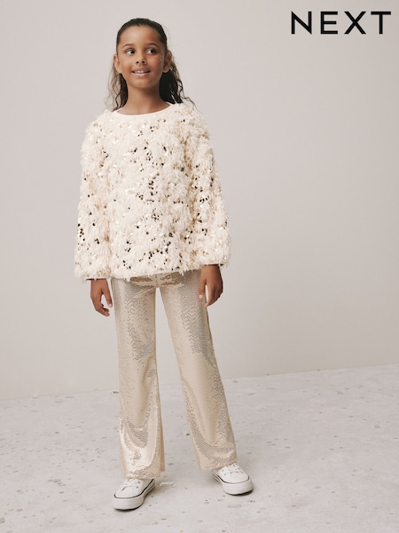 Cream/Gold Fluffy Sequin Top and Flared Leggings Party Set (3-16yrs) (F73335) | €40 - €47