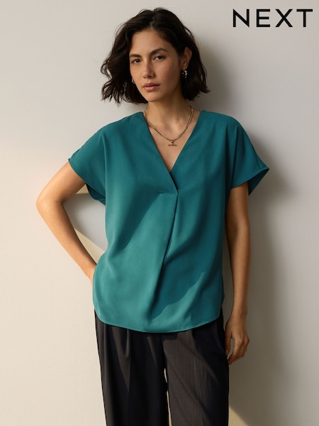 Verde azulado - Relaxed Fit Short Sleeve Overhead V-Neck Blouse (F73340) | 29 €