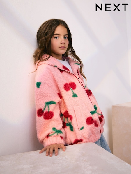 Pink/Red Cherry Hooded Zip Borg Fleece Jacket (3-16yrs) (F73344) | AED127 - AED157