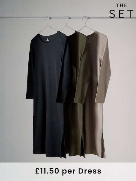 The Set Black/Khaki/Neutral 3 Pack Ribbed Long Sleeve Midi Dress (F73351) | €43