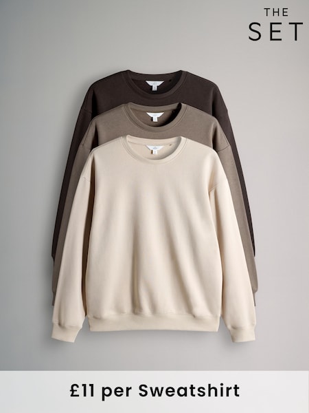 The Set Chocolate Brown/Taupe Brown/Cream 3 Pack Relaxed Crew Neck Sweatshirts (F73427) | €42