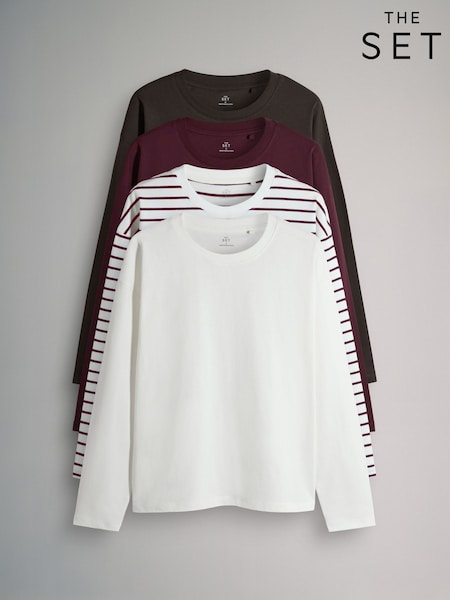 The Set Chocolate Brown/Berry/Stripe/Cream 4 Pack Heavyweight Relaxed Long Sleeve T-Shirts (F73439) | €37