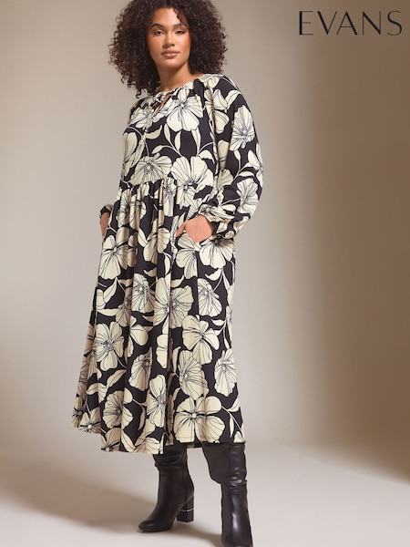 Evans Contrast Floral Print Crepe Black Midi Dress (F73464) | €63