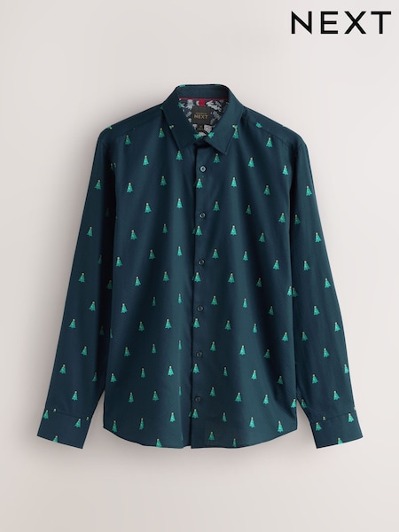 Green Tree Print Regular Fit Christmas Clipped Long Sleeve Party Shirt (F73893) | €44