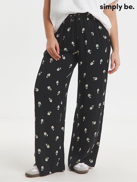 שחור עם פרחים - Simply Be Crinkle Wide Leg Trousers (F73995) | ‏171‏₪