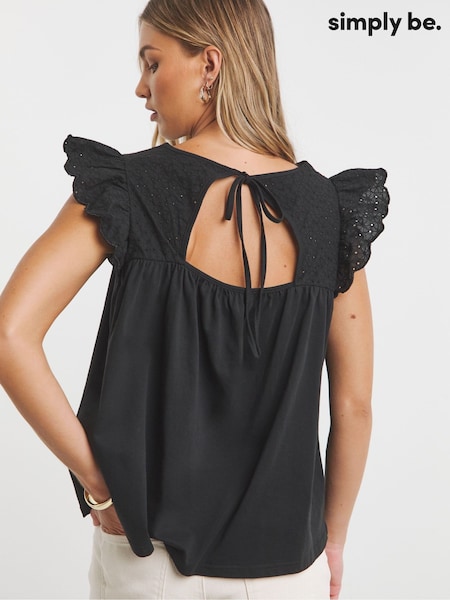 Negru - Simply Be Broderie Frill Sleeve 100% Cotton Top With Tie Detail (F74054) | 186 LEI