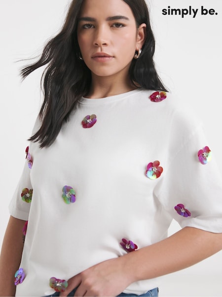 Alb - Tricou din bumbac Simply Be cu flori ornamentale 100% (F74061) | 209 LEI