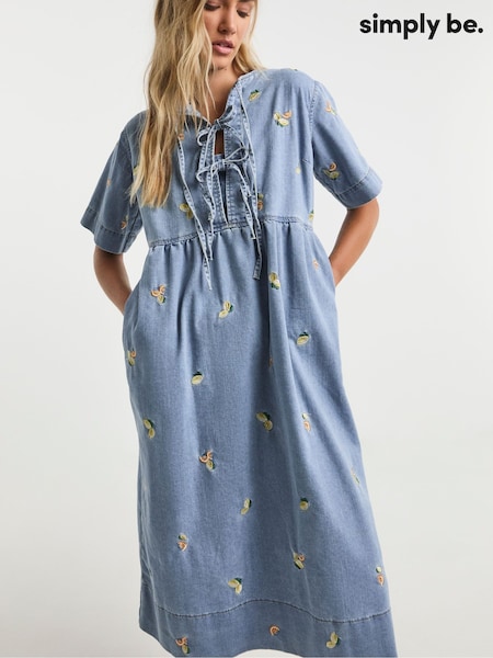 Simply Be Blue Fruit Embroidered Tie Front Midaxi Denim Dress (F74071) | €77