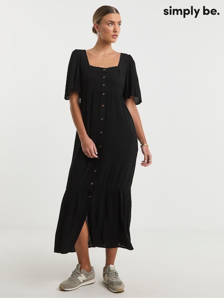Simply Be Black Crinkle Button Through Maxi Dress (F74086) | ₪221