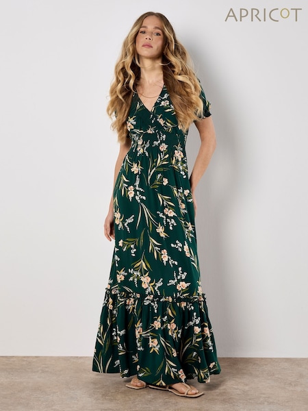 Apricot Green Watercolour Floral Smock Maxi Dress (F74157) | €63