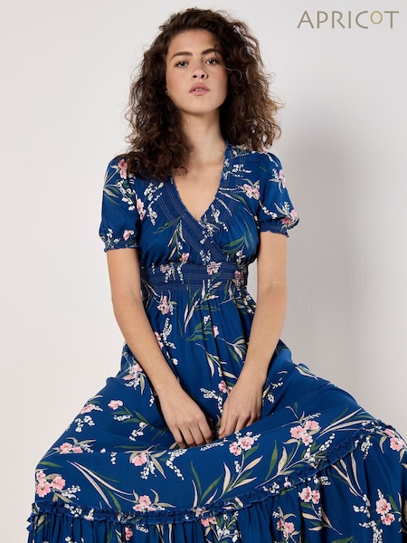 Apricot Blue Watercolour Floral Smock Maxi Dress (F74170) | €63