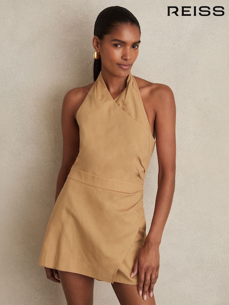 Reiss Camel Pia Lyocell Cotton Halter Skort Playsuit (F74178) | €225
